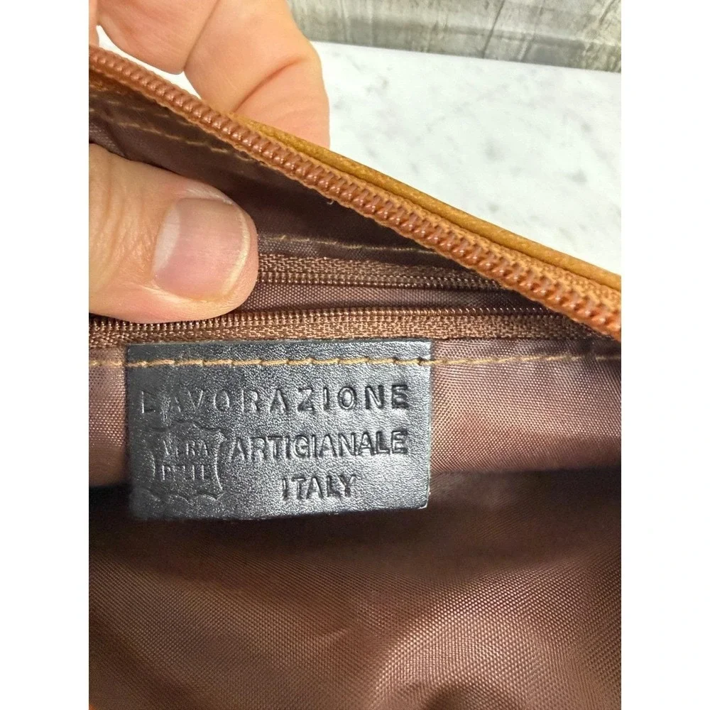 Lavorazione Artigianale Italy Tan Leather Foldover Crossbody Bag Croc Trim PAM
